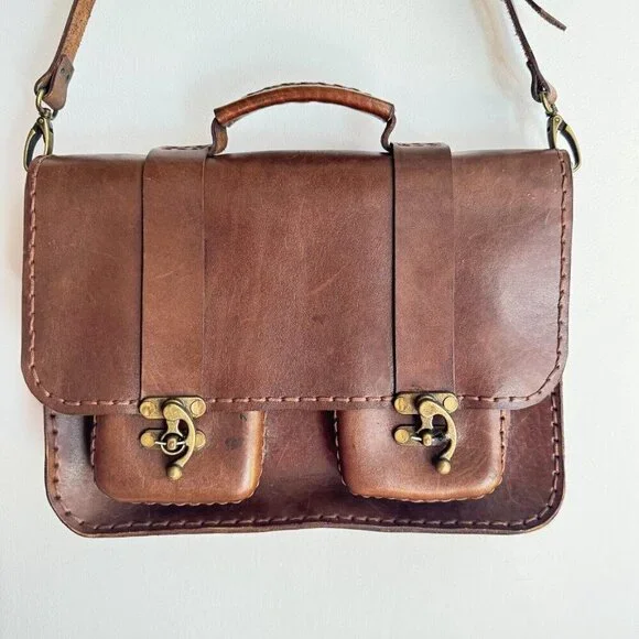 Vintage Brown Leather Book Bag w Crossbody Strap - Picture 2 of 10